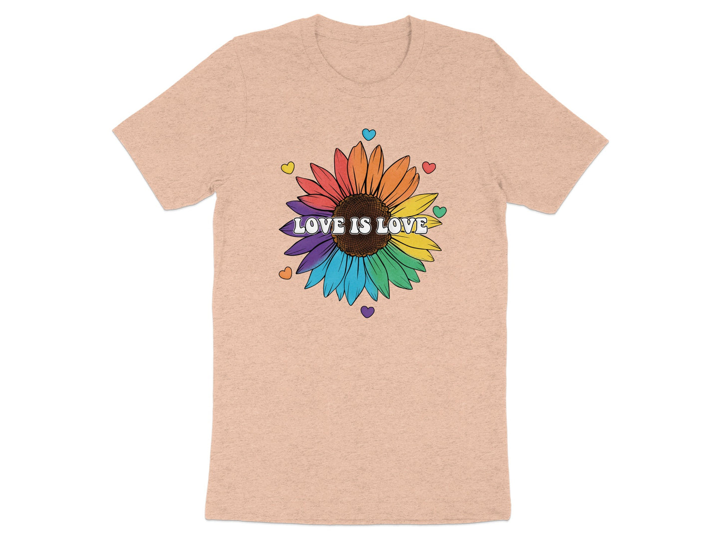 Sunflower with rainbow petals and "LOVE IS LOVE" text.