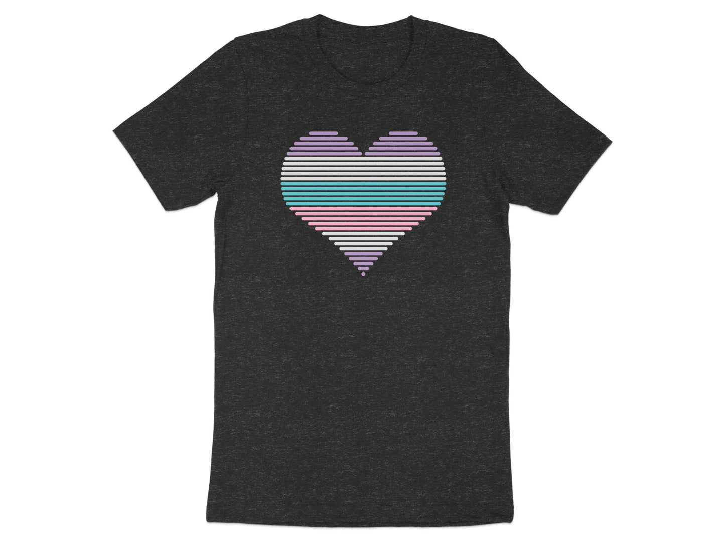 Dark grey t-shirt with a horizontally striped heart in pastel colors.
