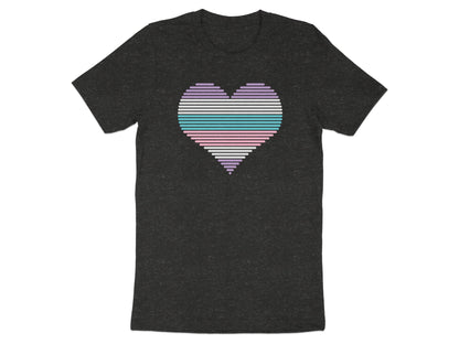 Dark grey t-shirt with a horizontally striped heart in pastel colors.
