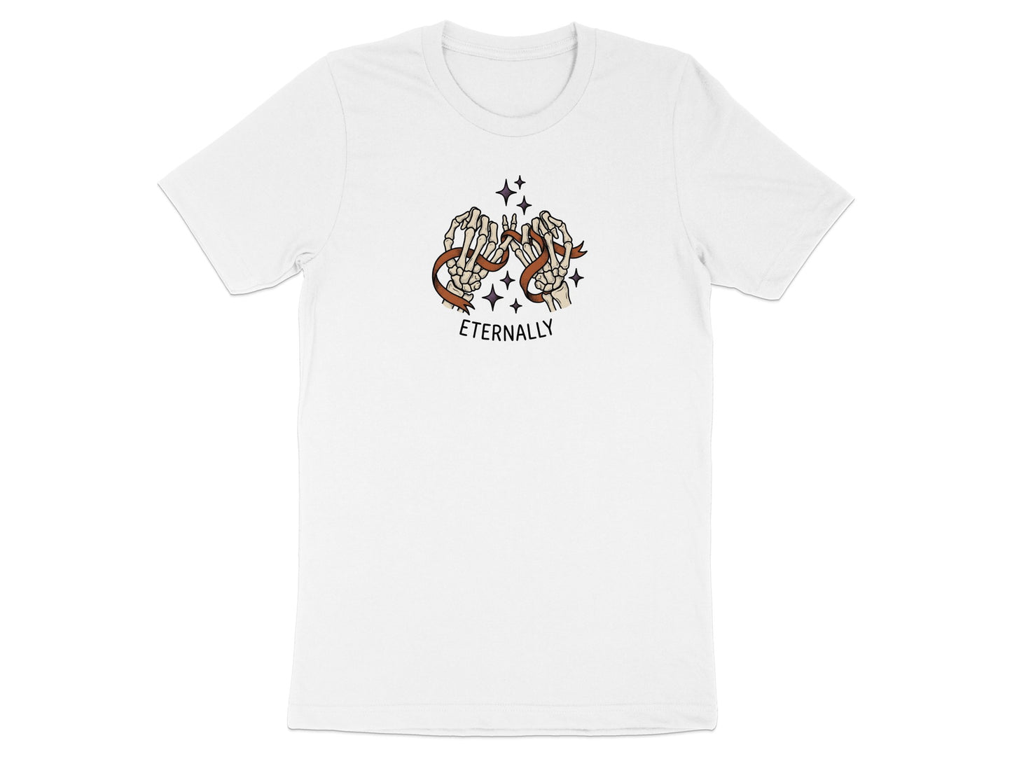 White t-shirt with skeleton hands pinky-swearing, ribbon, and text "Eternally".