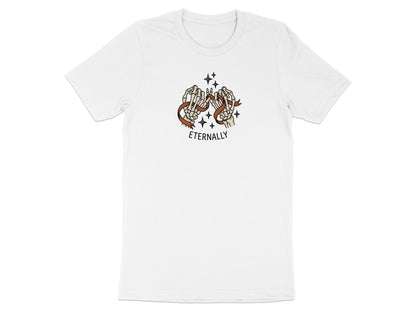 White t-shirt with skeleton hands pinky-swearing, ribbon, and text "Eternally".