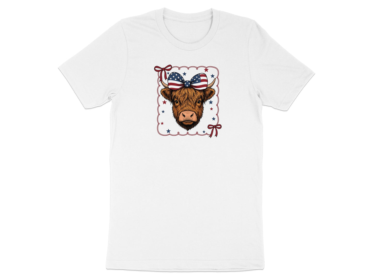 Highland cow with patriotic bow on white t-shirt.