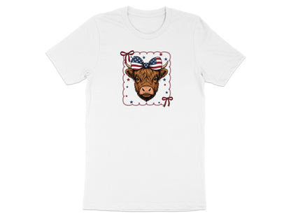 Highland cow with patriotic bow on white t-shirt.