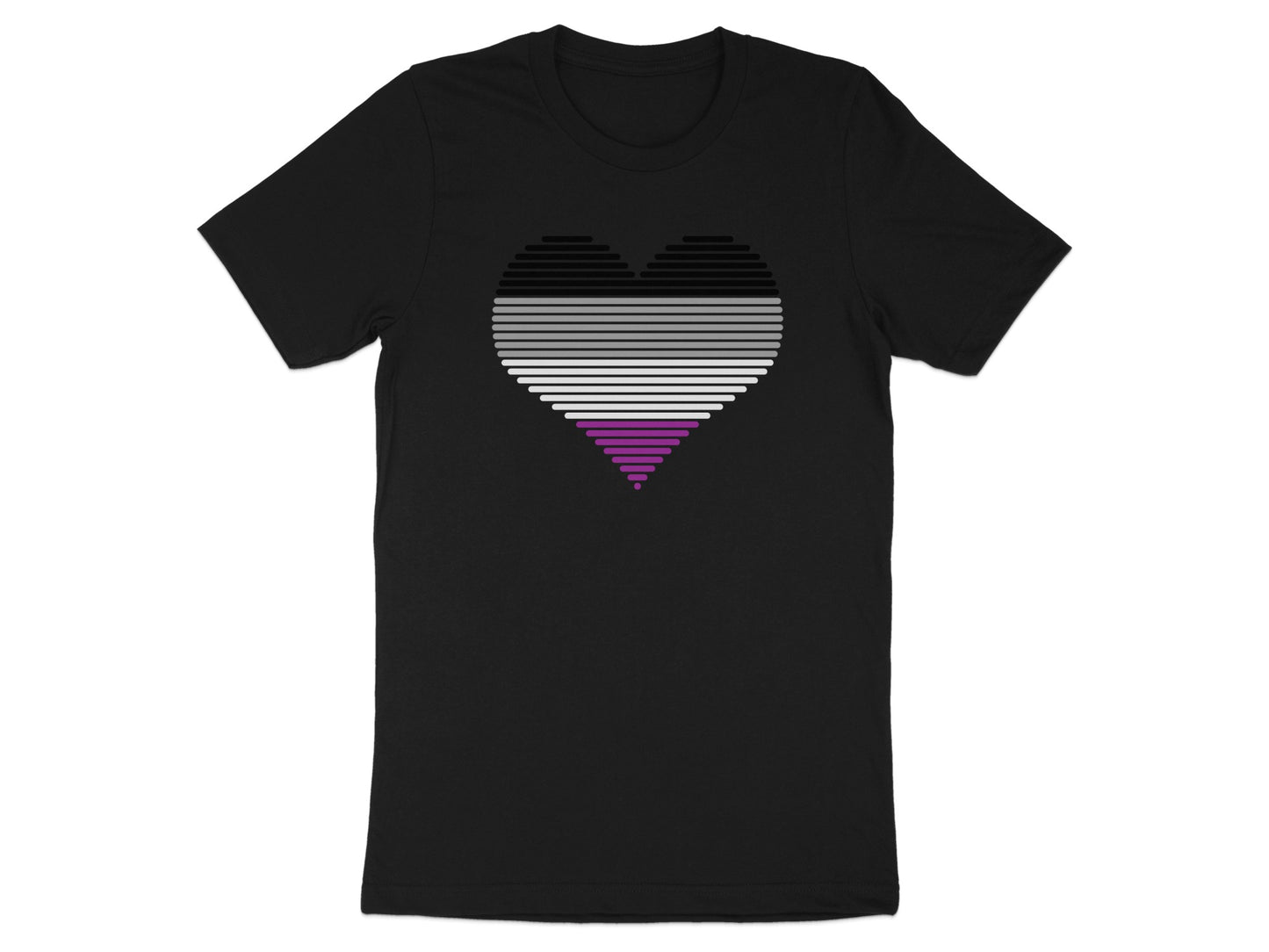 Black t-shirt with a horizontally striped asexual pride heart graphic.