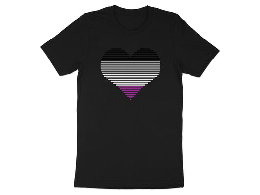 Black t-shirt with a horizontally striped asexual pride heart graphic.