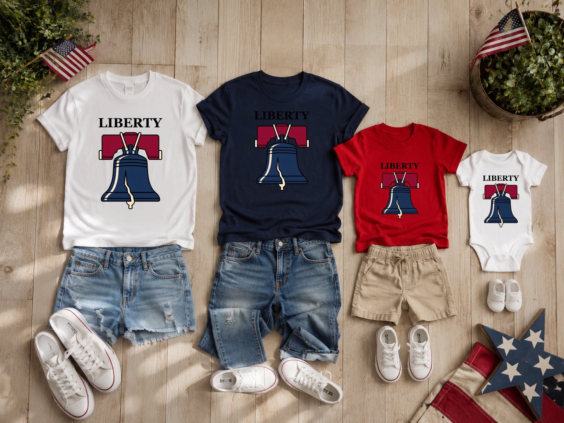 Four patriotic t-shirts and onesie with liberty bell graphic.