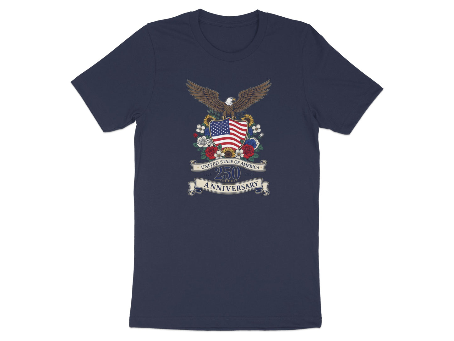 Navy t-shirt with a United States of America 250th Anniversary emblem featuring an eagle and floral design.