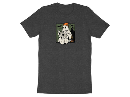 Ghost wearing beanie reads "The Boo" newspaper with owl on candlestick