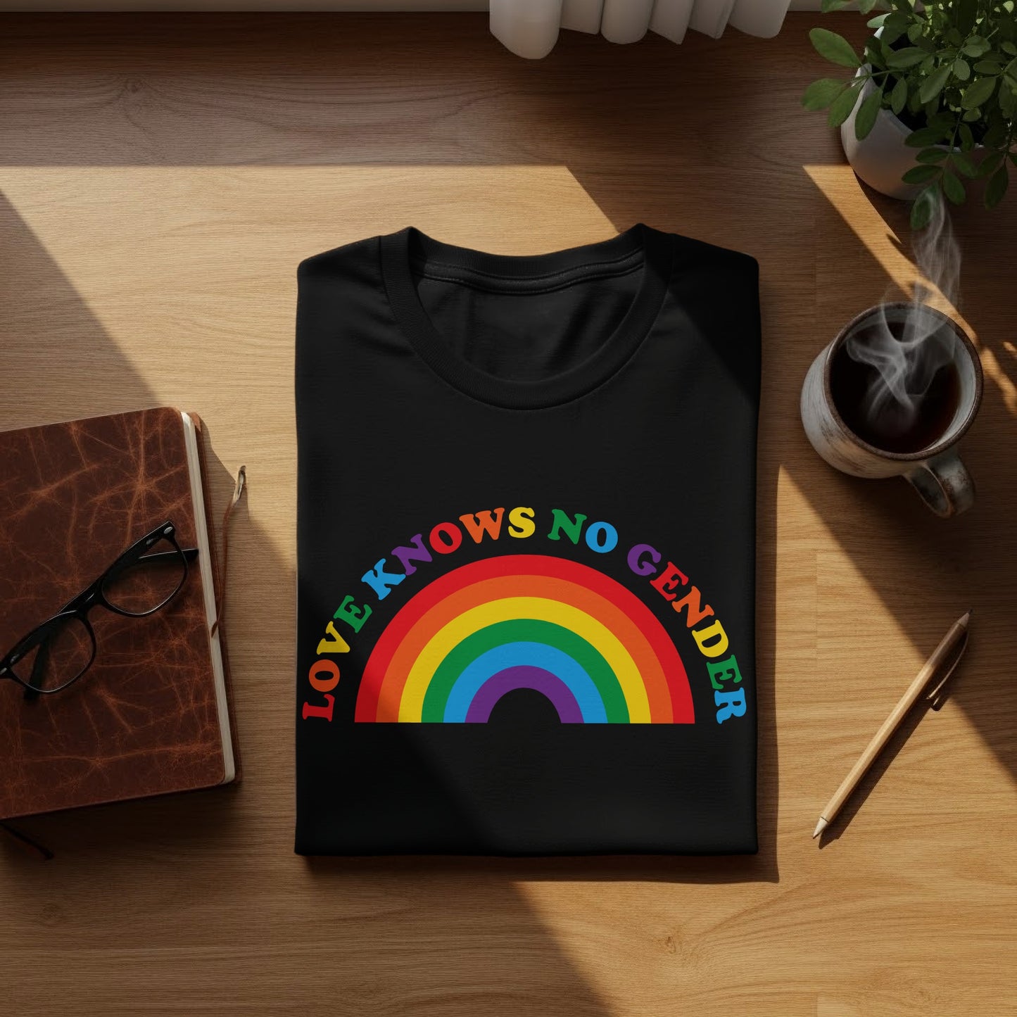 Black t-shirt with "LOVE KNOWS NO GENDER" and a rainbow design.