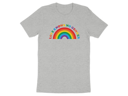 Grey t-shirt with rainbow text "LOVE KNOWS NO GENDER" across the chest.