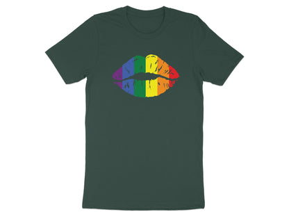 Rainbow lips graphic on a dark green t-shirt.