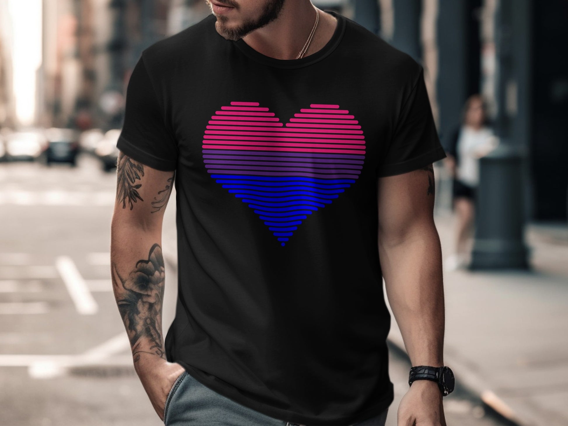 Black t-shirt with a horizontally striped bisexual pride heart design.