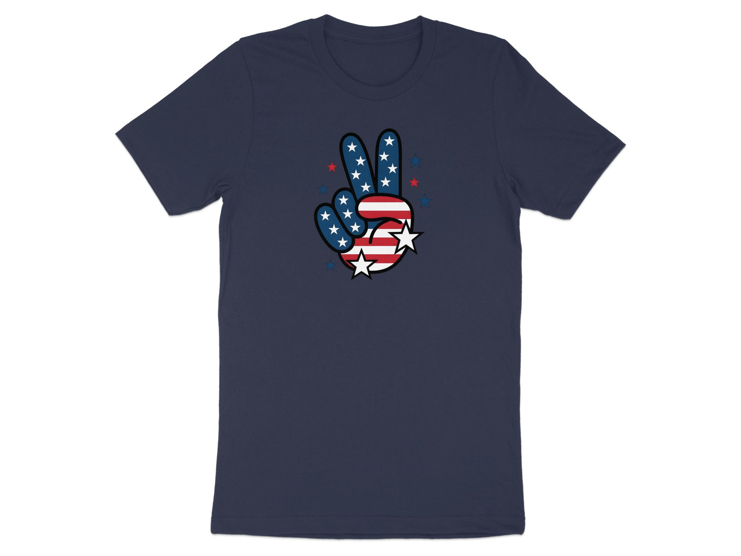 Navy t-shirt with a peace sign graphic featuring American flag stars and stripes.