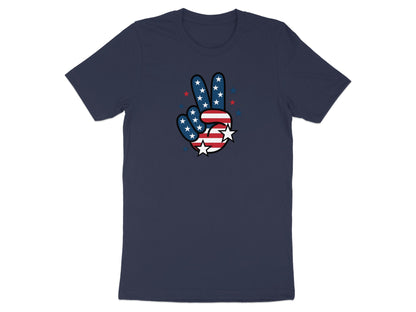 Navy t-shirt with a peace sign graphic featuring American flag stars and stripes.