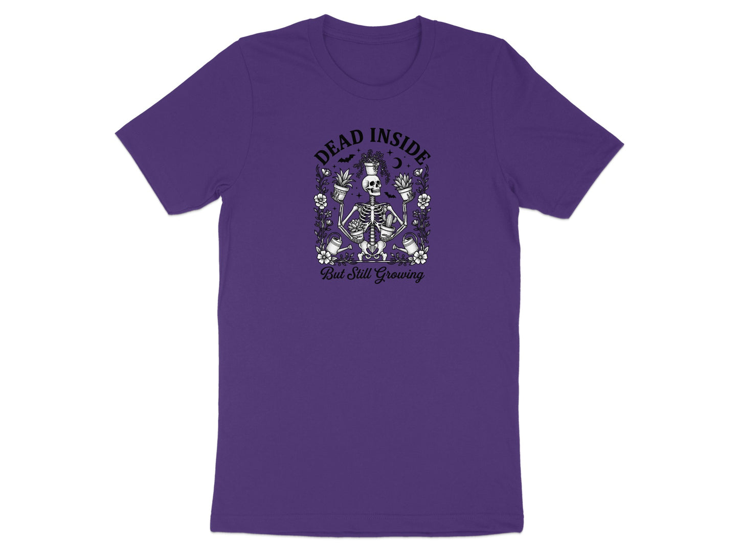 Purple t-shirt with skeleton, plants, and text "DEAD INSIDE But Still Growing".