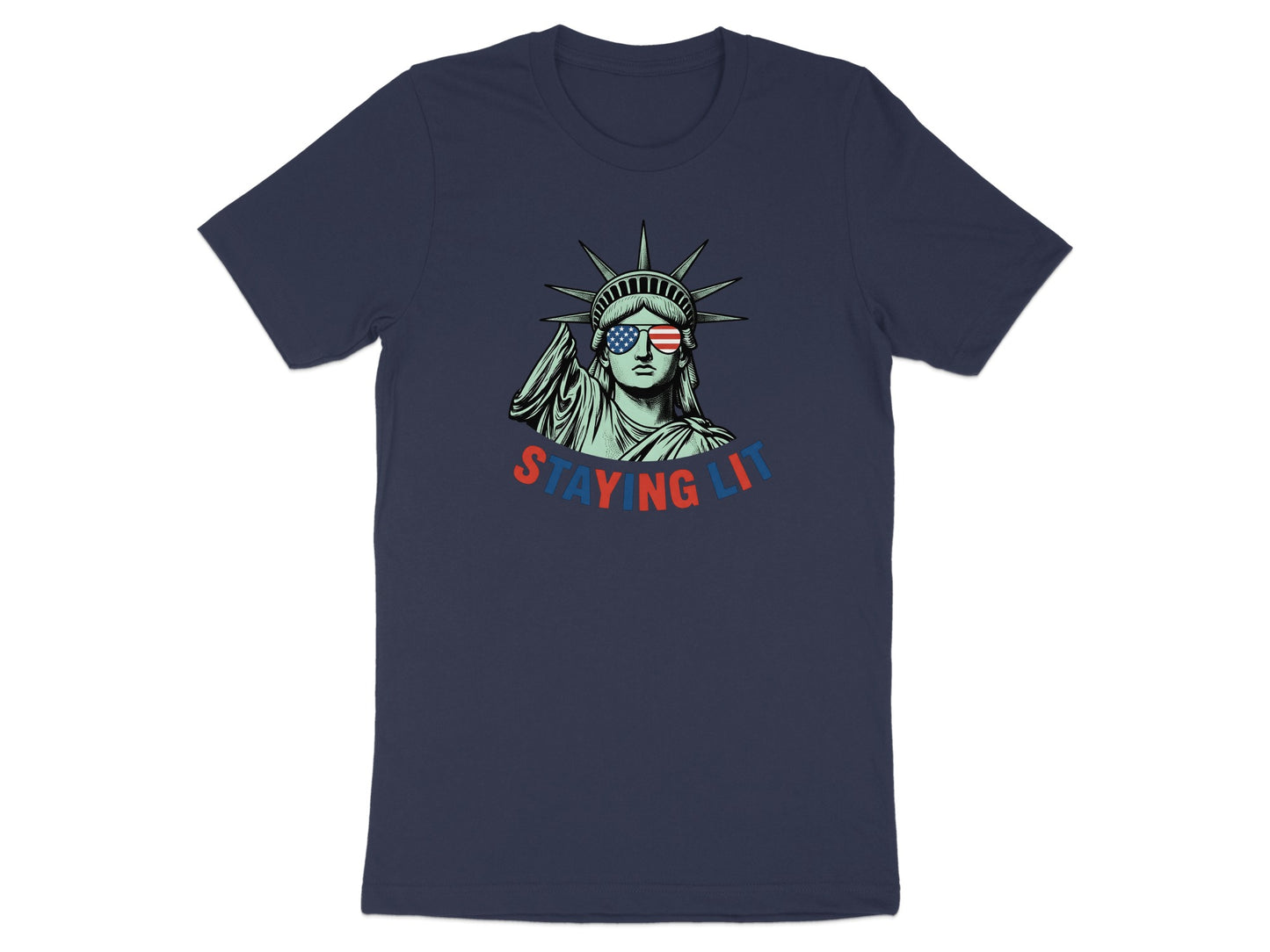 Statue of Liberty wearing sunglasses with "STAYING LIT" text.