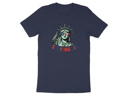 Statue of Liberty wearing sunglasses with "STAYING LIT" text.