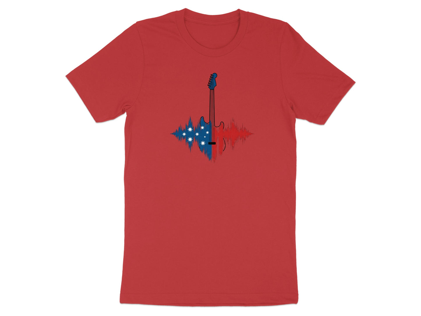 Red t-shirt with a guitar silhouette overlaid on an Australian flag soundwave graphic.