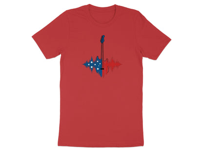 Red t-shirt with a guitar silhouette overlaid on an Australian flag soundwave graphic.