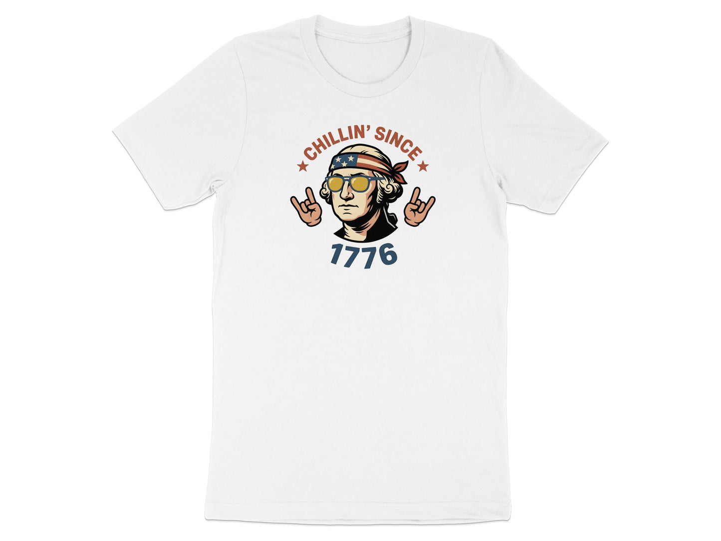 White t-shirt with graphic of George Washington wearing sunglasses and bandana, "Chillin' Since 1776".