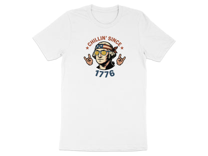 White t-shirt with graphic of George Washington wearing sunglasses and bandana, "Chillin' Since 1776".
