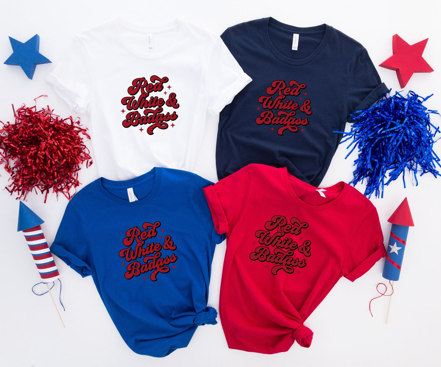 Four t-shirts in red, white, and navy blue with "Red White & Badass" text.