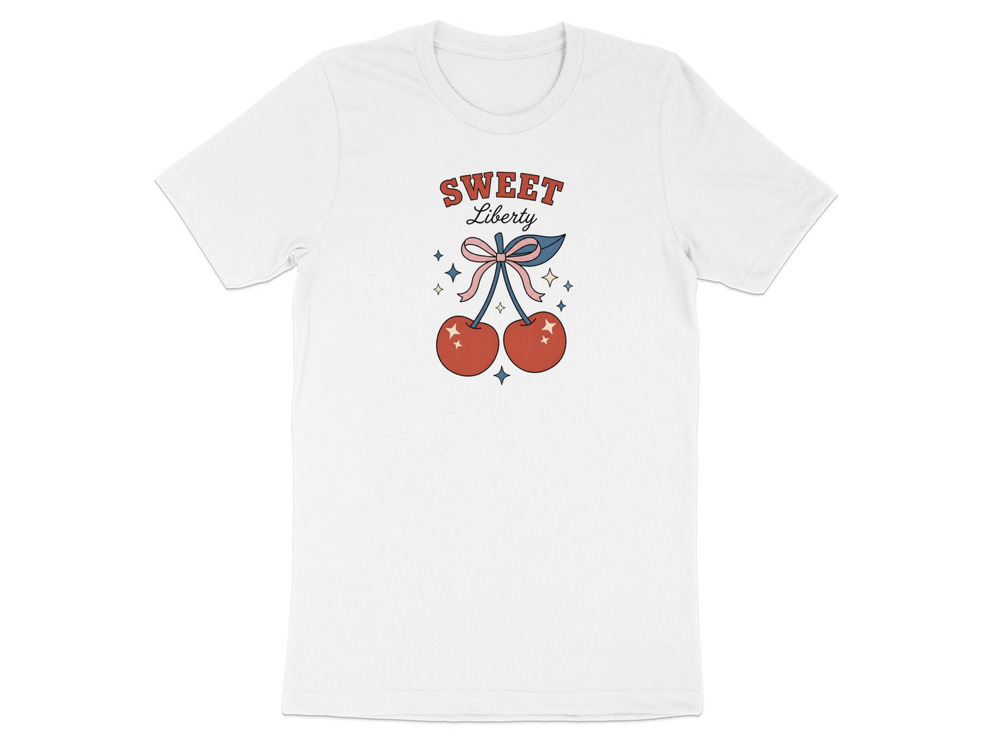 White t-shirt with red cherries and "Sweet Liberty" text.