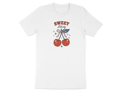 White t-shirt with red cherries and "Sweet Liberty" text.