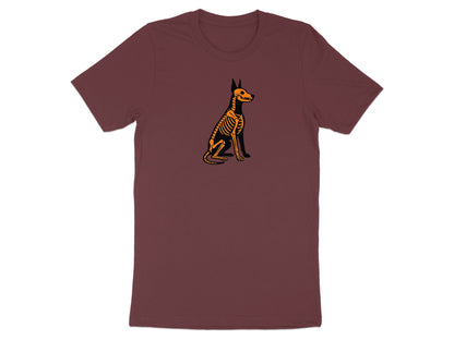 T-shirt with a sitting dog skeleton graphic in orange and black.