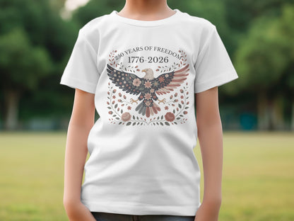 White t-shirt with patriotic eagle design and "250 Years of Freedom 1776-2026" text.