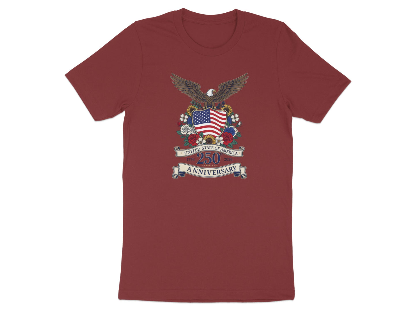 Burgundy t-shirt with American eagle, shield, and "250th Anniversary" text.