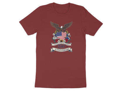 Burgundy t-shirt with American eagle, shield, and "250th Anniversary" text.