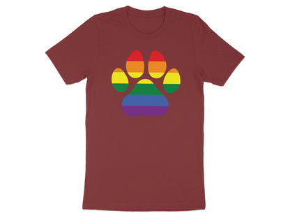Maroon t-shirt with a rainbow paw print design.