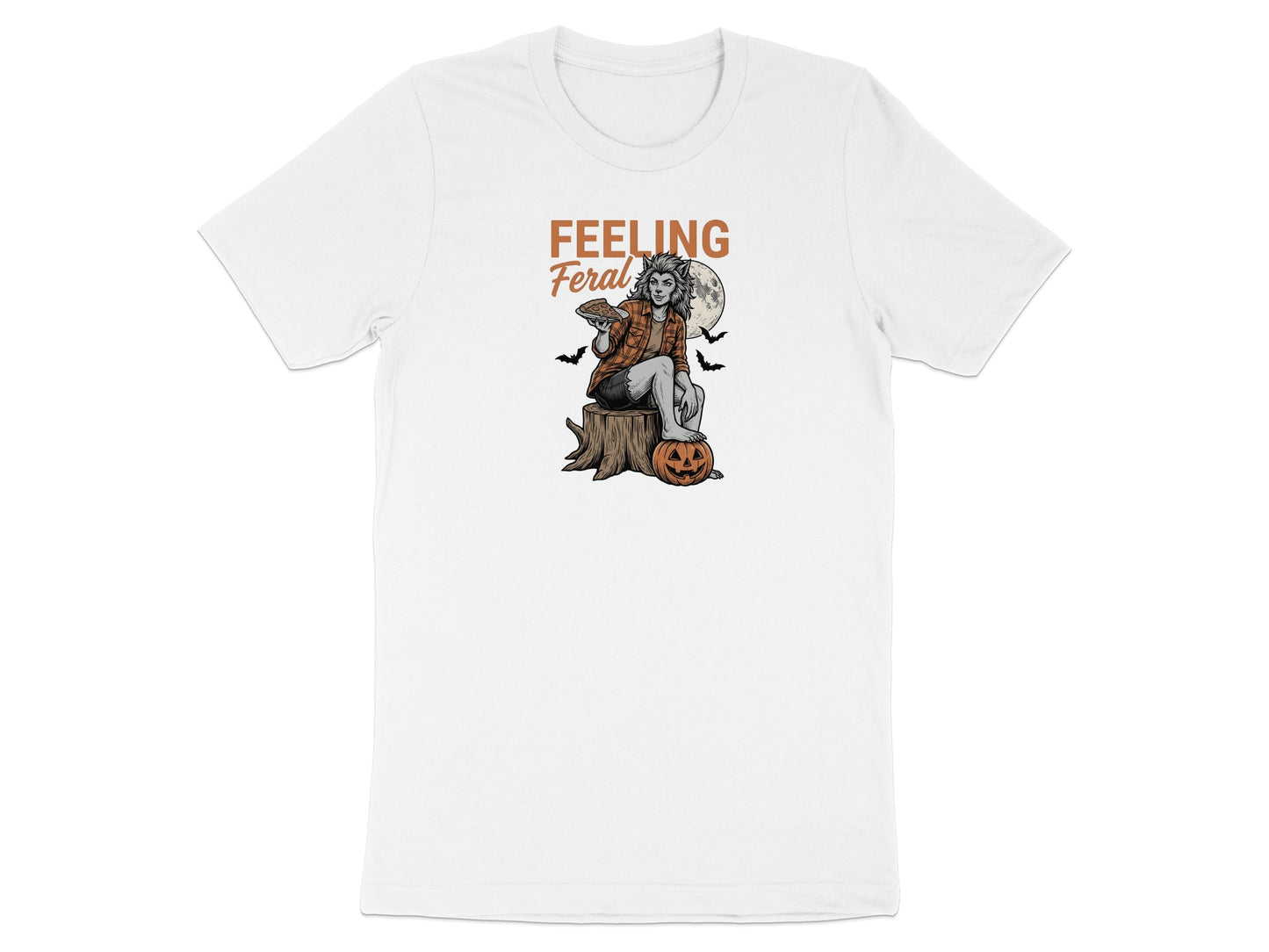 Graphic of a werewolf woman with text "FEELING Feral" on a white t-shirt.