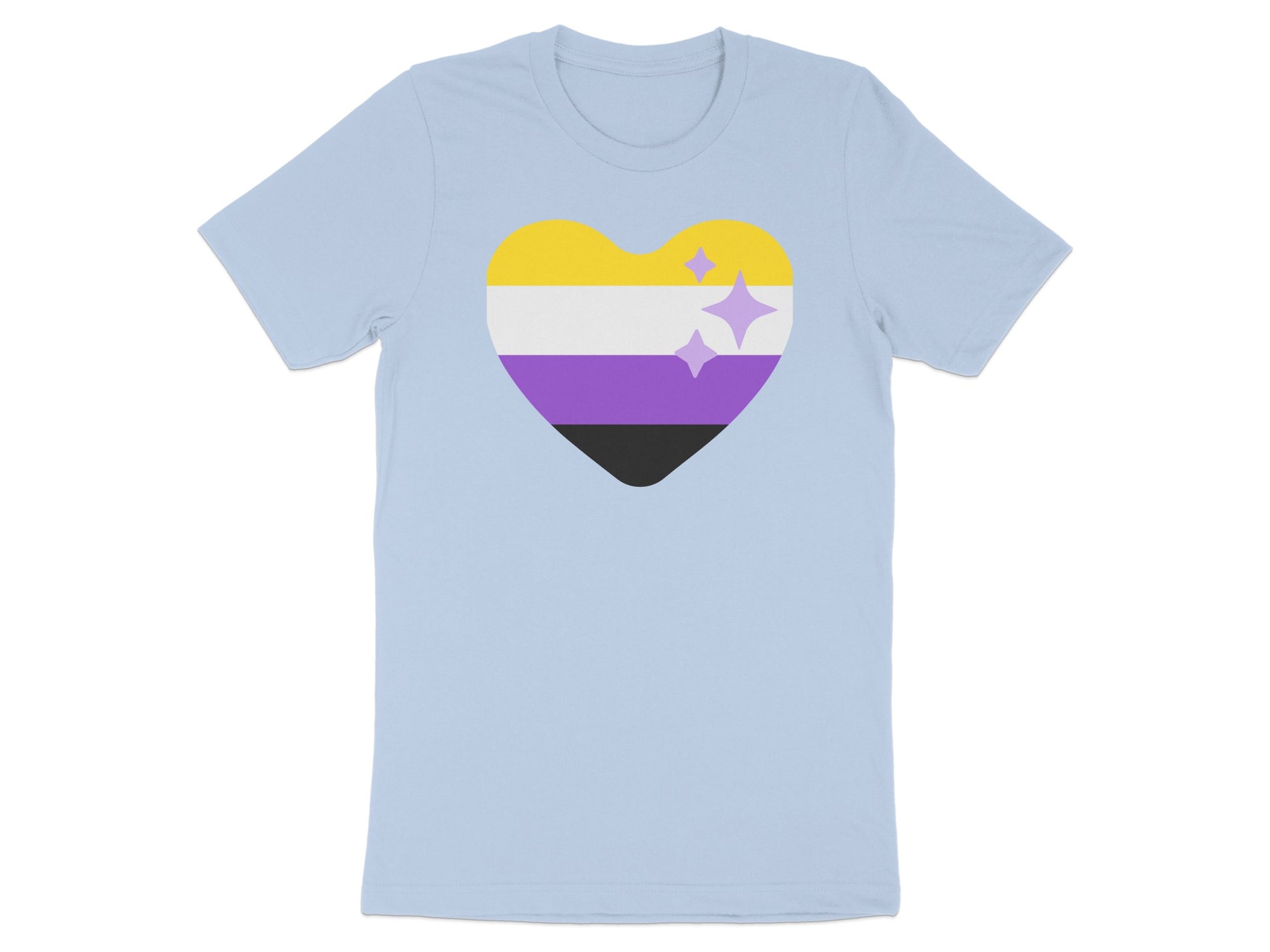 Light blue t-shirt with a nonbinary pride heart and stars graphic.