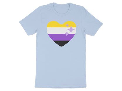 Light blue t-shirt with a nonbinary pride heart and stars graphic.