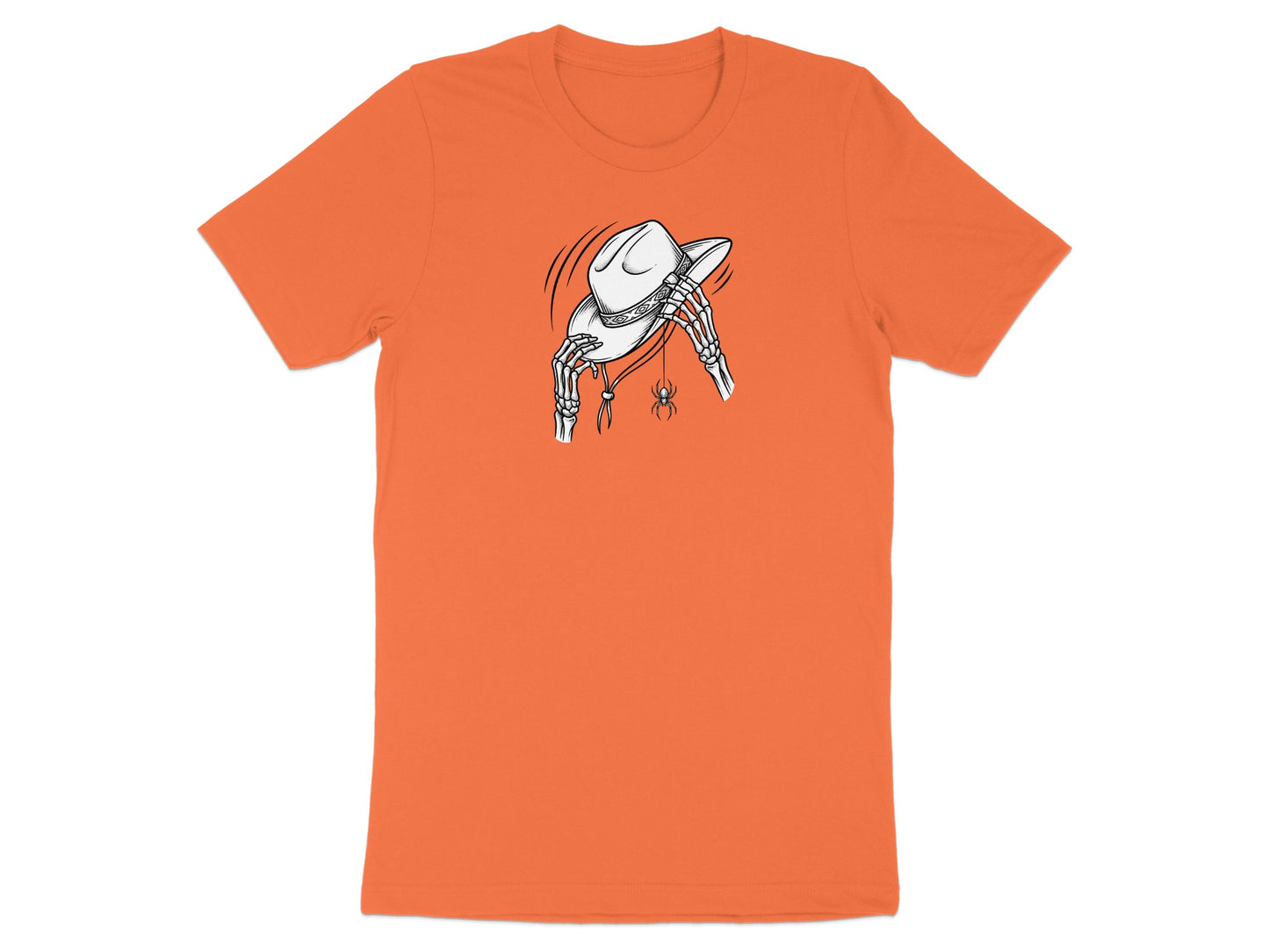 Skeleton hands hold a cowboy hat with a spider hanging below.