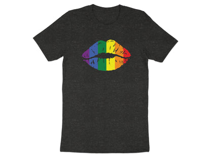 Dark t-shirt with rainbow pride flag lips graphic.