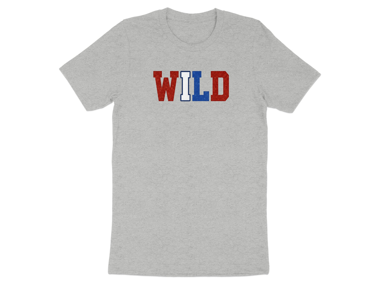 Gray t-shirt with "WILD" text in red, white, and blue letters.