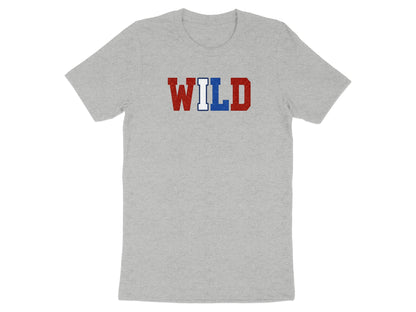 Gray t-shirt with "WILD" text in red, white, and blue letters.