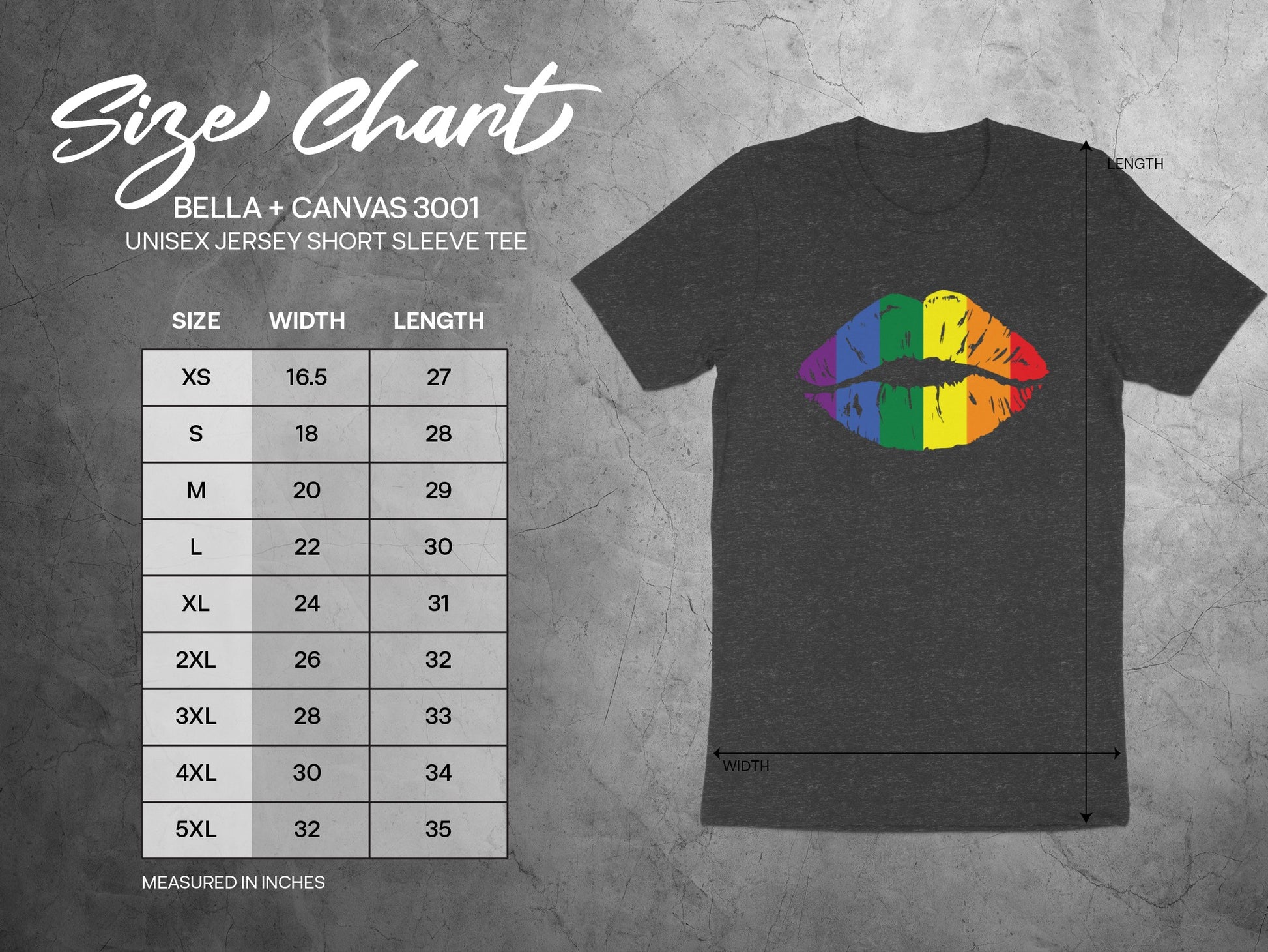 Size chart for a Bella+Canvas 3001 unisex short sleeve tee with rainbow lips graphic.