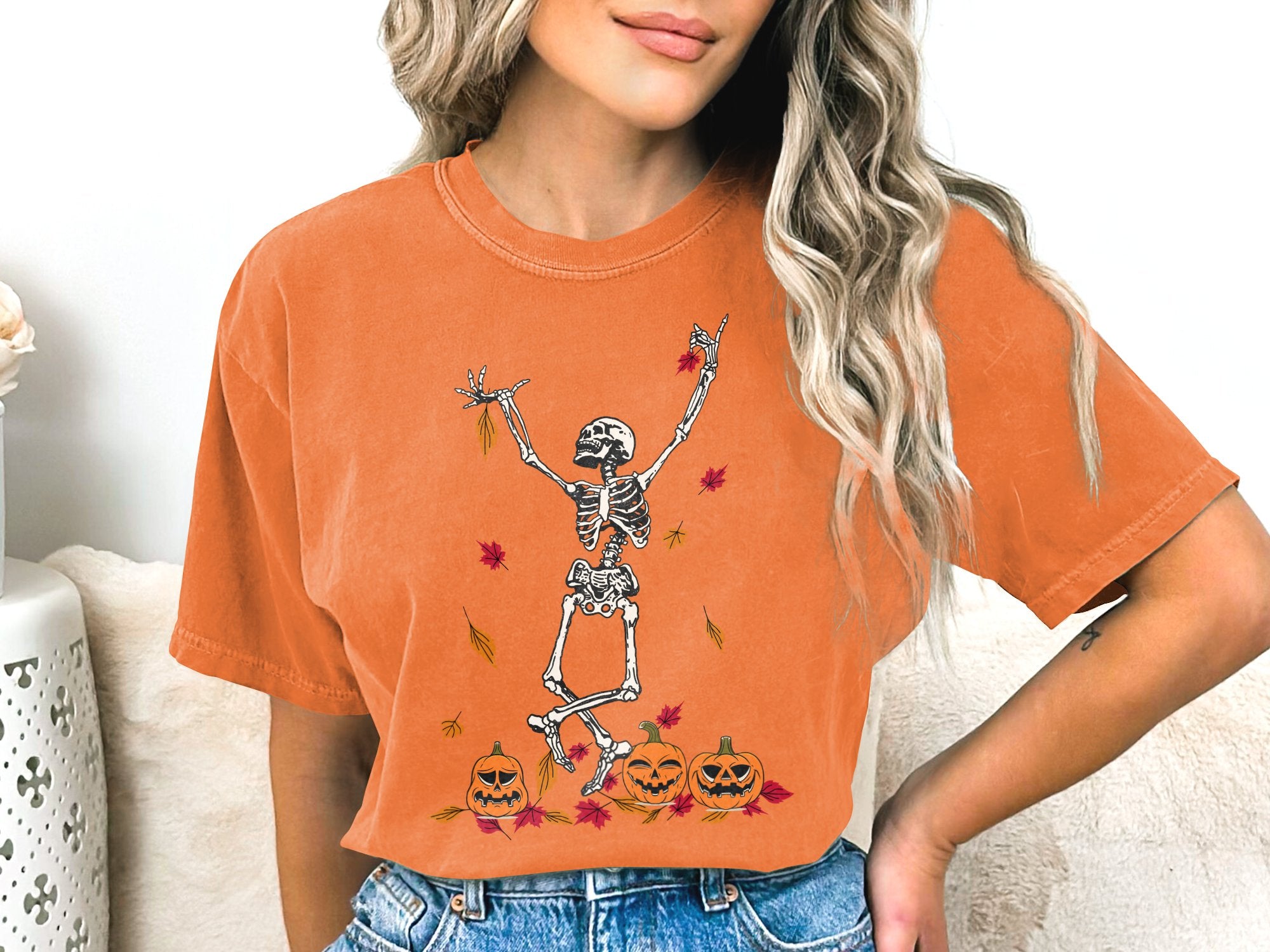 Dancing Skeleton Fall Leaves Pumpkin Comfort Colors® Shirt, Color Blast Tee, Sweatshirt or Hoodie