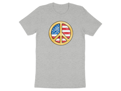 Grey t-shirt featuring a watercolor American flag peace sign graphic.