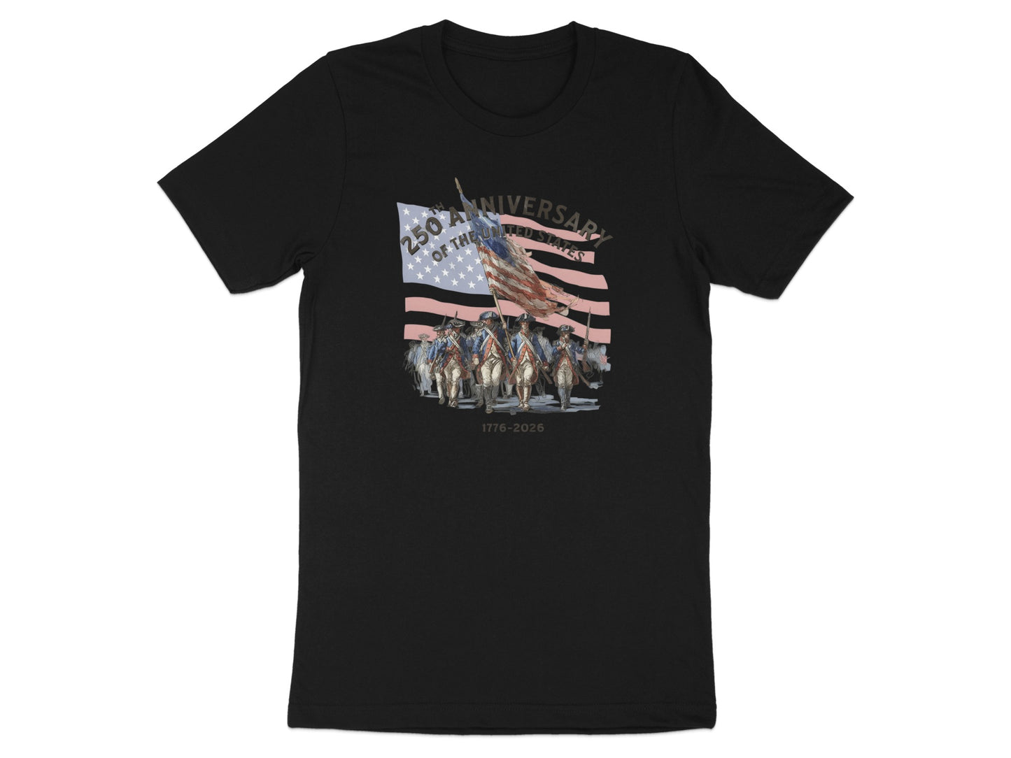 Black t-shirt with marching soldiers and American flag, "250th Anniversary 1776-2026".