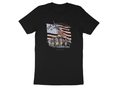 Black t-shirt with marching soldiers and American flag, "250th Anniversary 1776-2026".