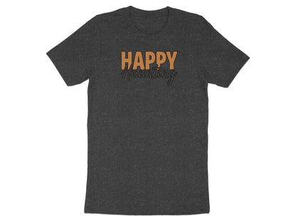 Dark gray t-shirt with orange and brown "Happy Haunting" text.