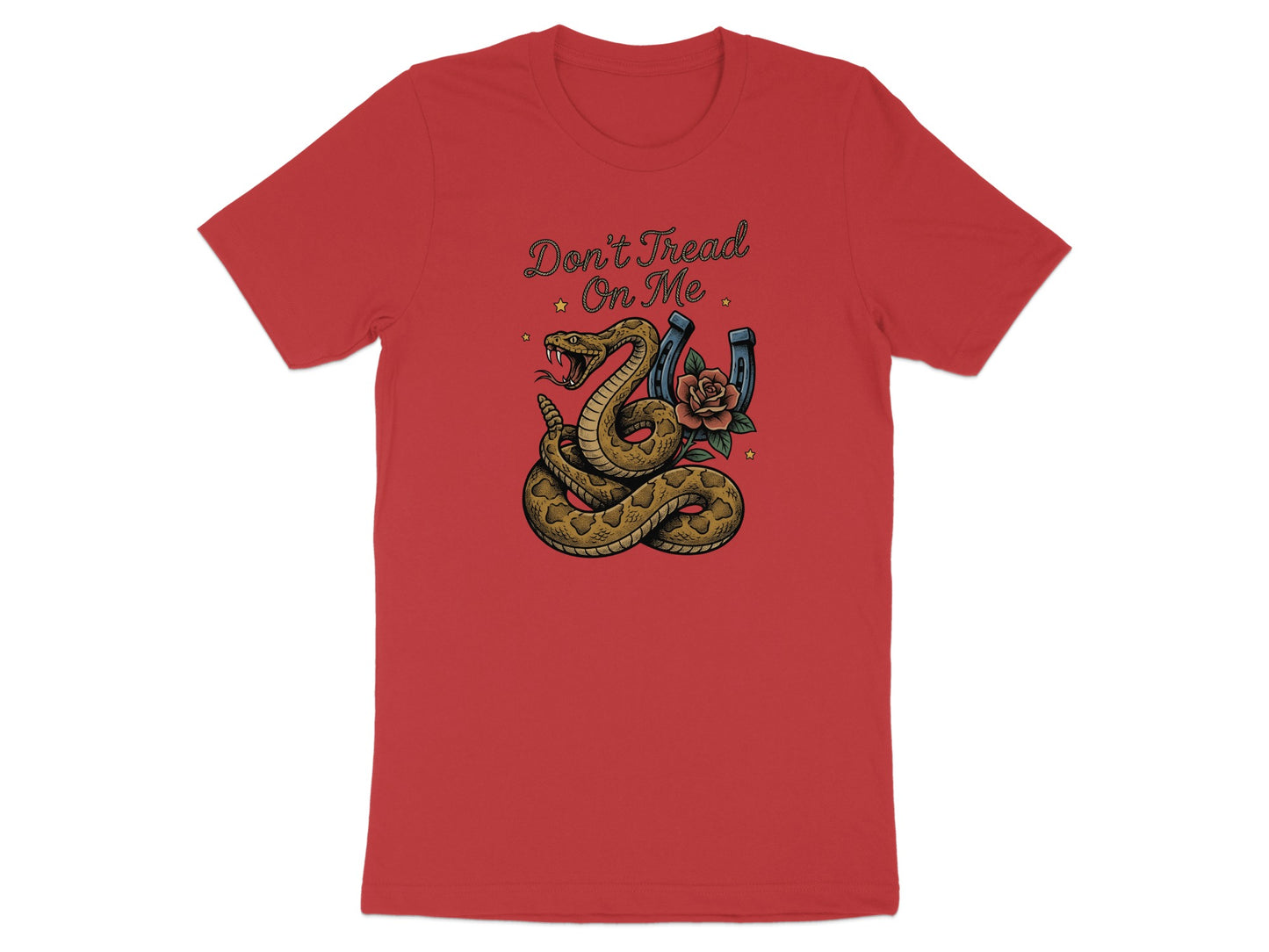 Red t-shirt with coiled snake, rose, and "Don't Tread On Me".