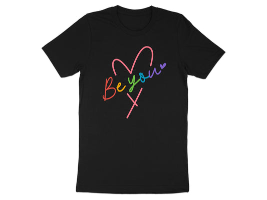 Black t-shirt with "Be you" and a heart in colorful handwritten text.