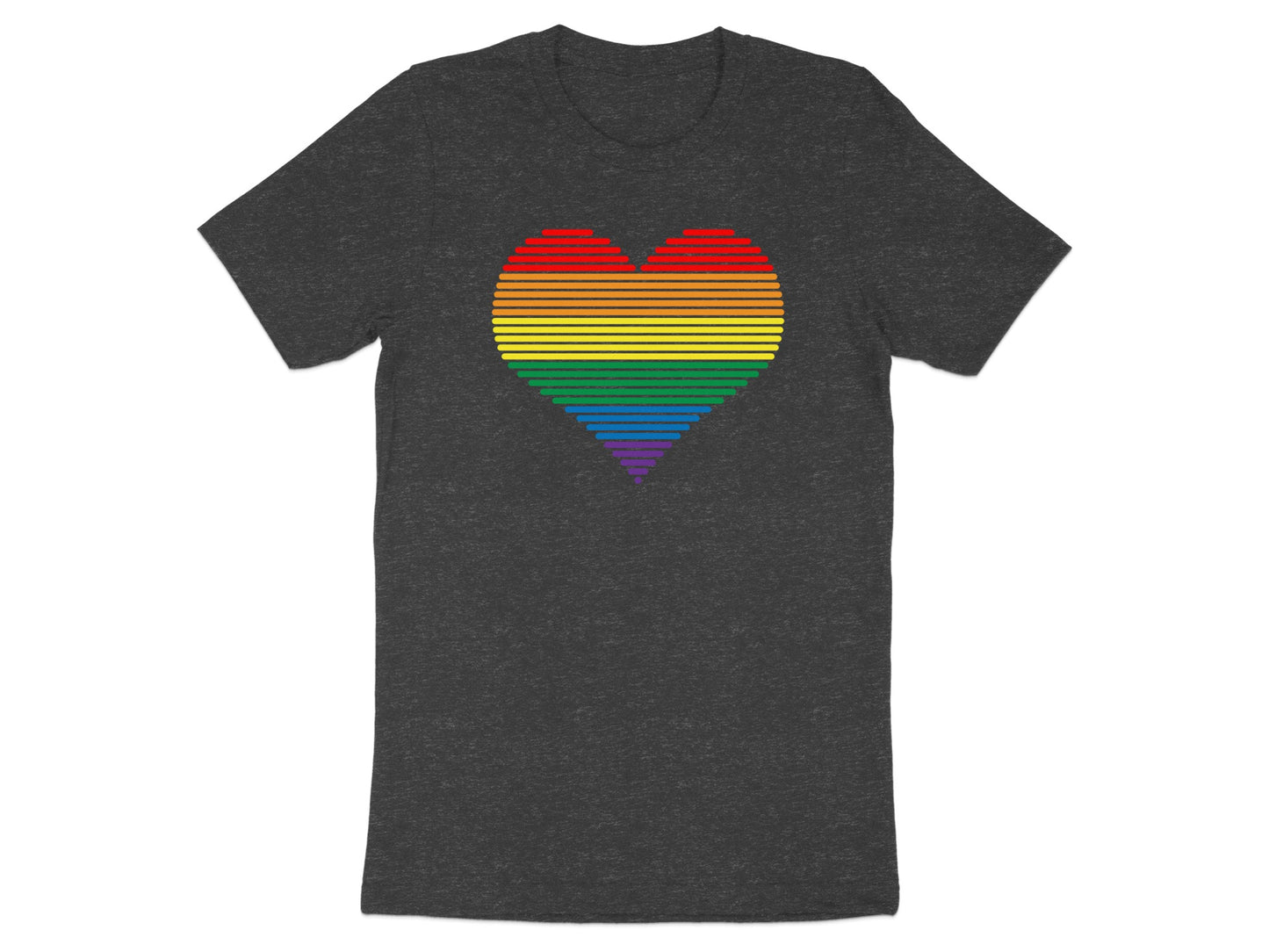 Dark grey t-shirt with a rainbow striped heart graphic.