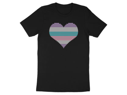 Black t-shirt with horizontal stripes forming a pastel heart graphic.